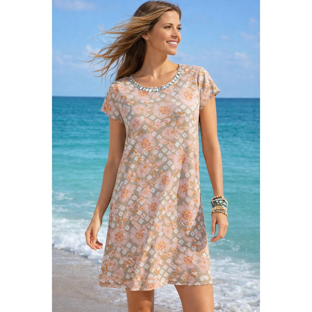NWT Ruby Rd. Women's Knit Floral Pastel Casual Dress Sz XL Petite Beaded Collar